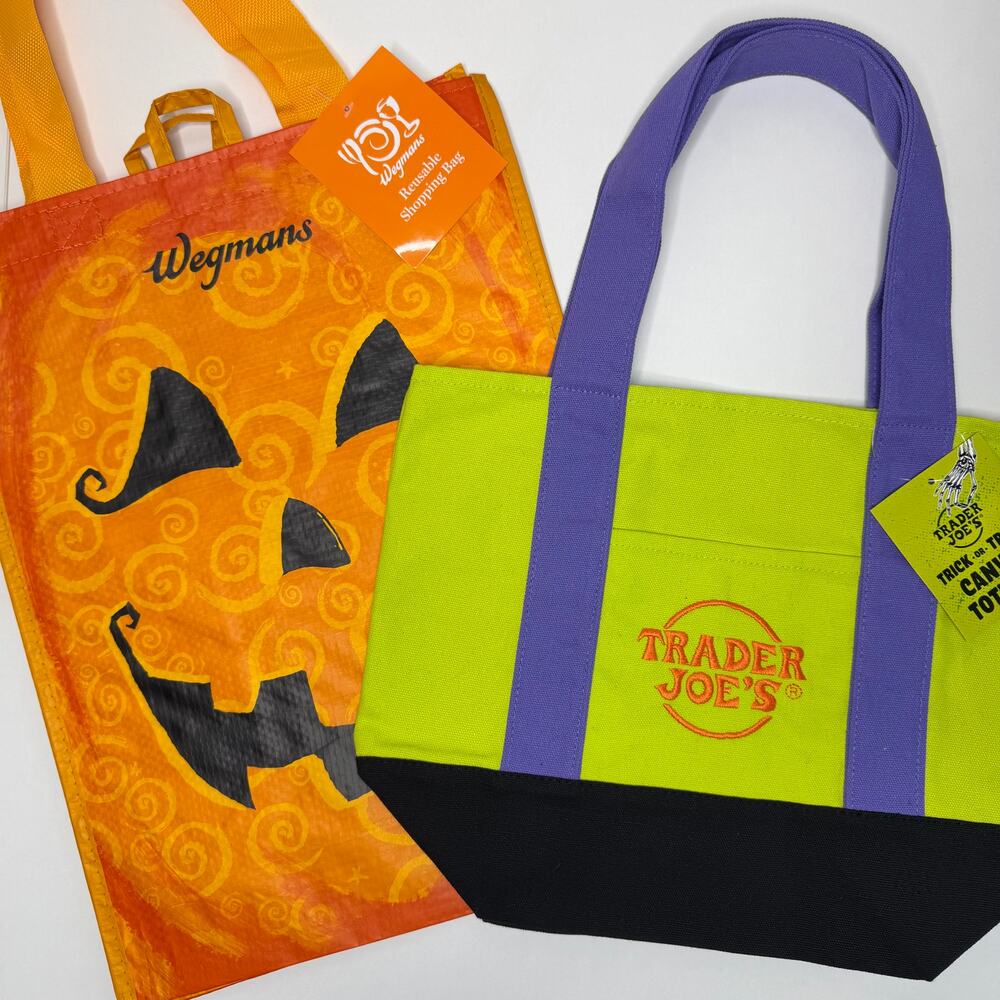 SET OF 2 HALLOWEEN TOTE BAGS, Trader Joe’s Mini + Wegmans Jack-o-Lantern Pumpkin